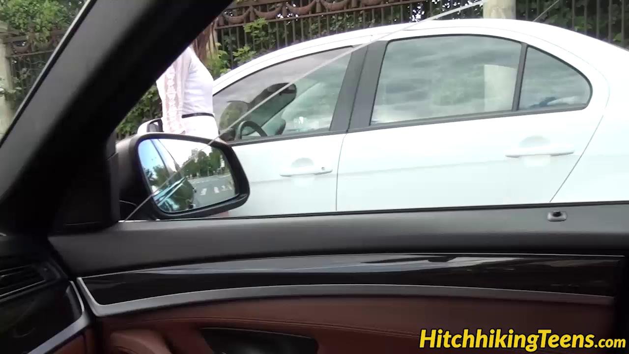 Brunette gets doggied in the back of a car
